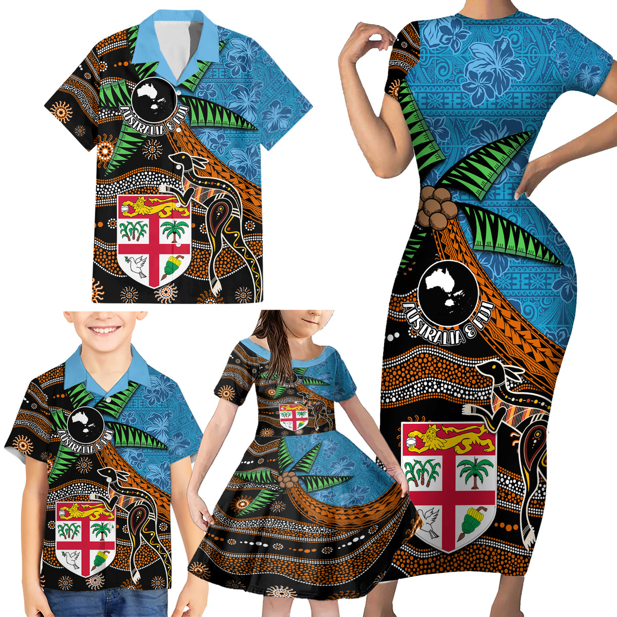 Fiji and Australia Family Matching Short Sleeve Bodycon Dress and Hawaiian Shirt Fijian and Aboriginal mix Culture LT03 - Polynesian Pride