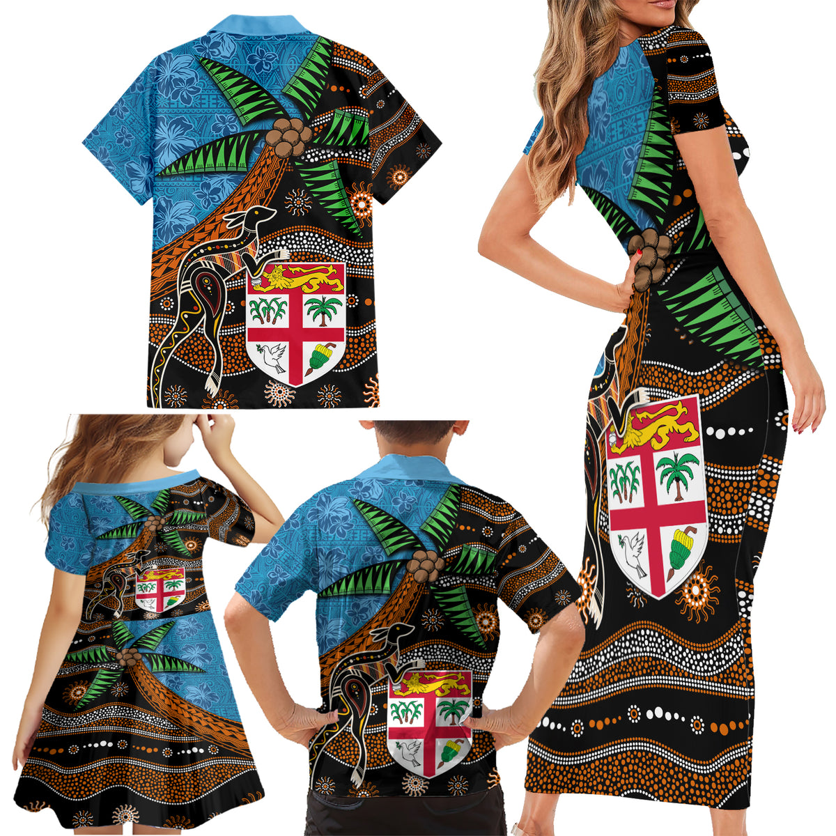 Fiji and Australia Family Matching Short Sleeve Bodycon Dress and Hawaiian Shirt Fijian and Aboriginal mix Culture LT03 - Polynesian Pride
