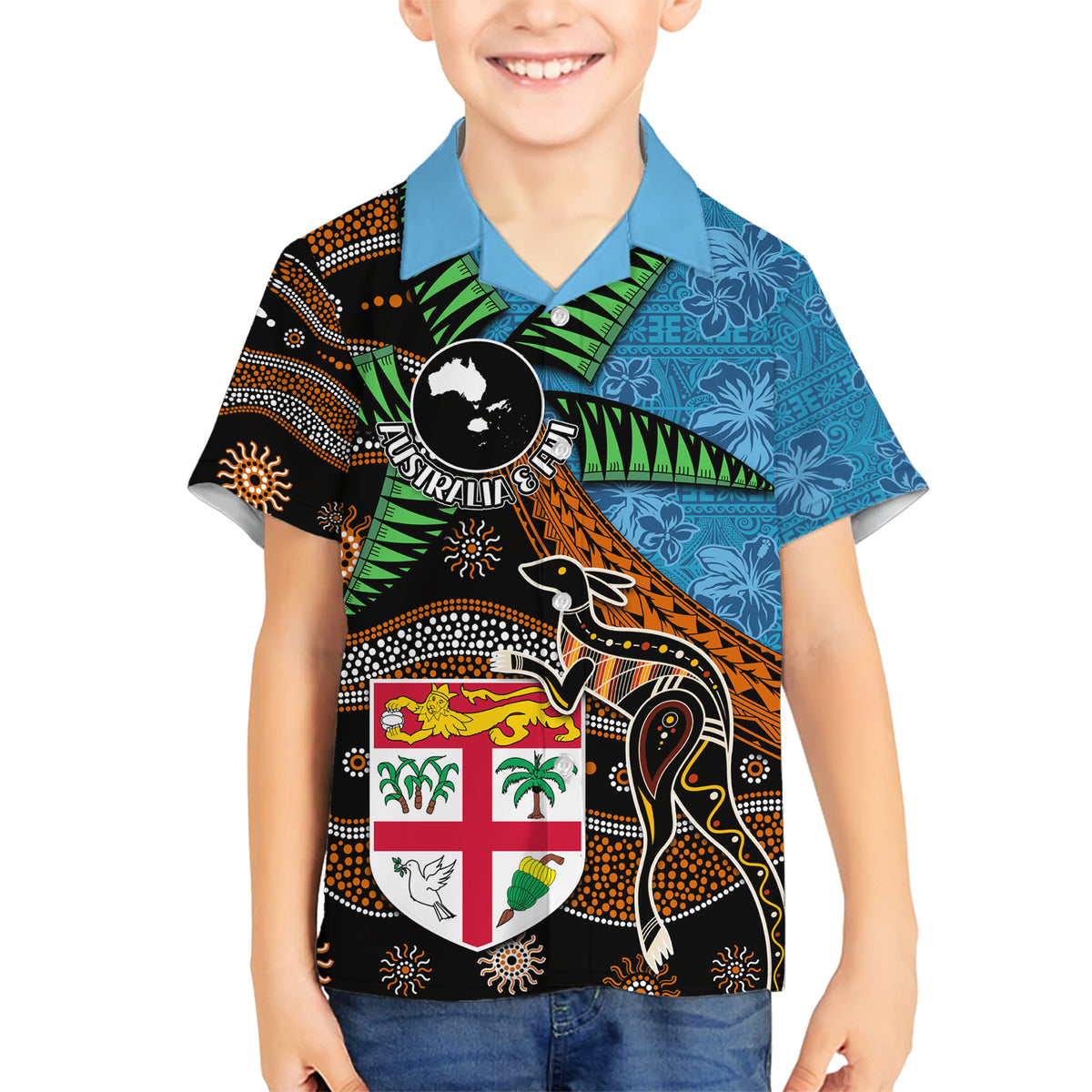Fiji and Australia Family Matching Short Sleeve Bodycon Dress and Hawaiian Shirt Fijian and Aboriginal mix Culture LT03 Son's Shirt Blue - Polynesian Pride