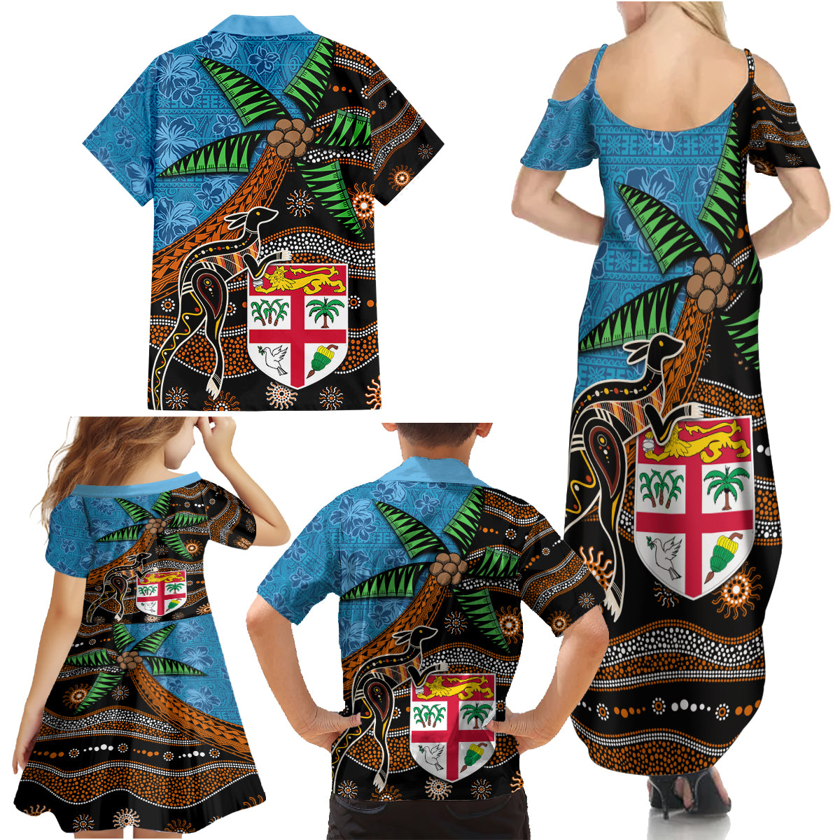 Fiji and Australia Family Matching Summer Maxi Dress and Hawaiian Shirt Fijian and Aboriginal mix Culture LT03 - Polynesian Pride