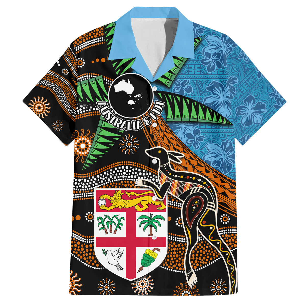 Fiji and Australia Family Matching Summer Maxi Dress and Hawaiian Shirt Fijian and Aboriginal mix Culture LT03 Dad's Shirt - Short Sleeve Blue - Polynesian Pride