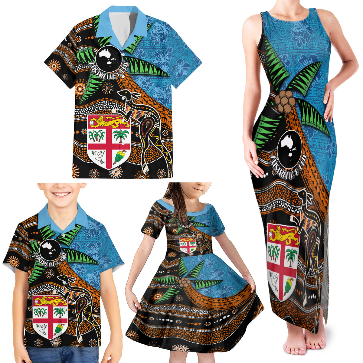 Fiji and Australia Family Matching Tank Maxi Dress and Hawaiian Shirt Fijian and Aboriginal mix Culture LT03 - Polynesian Pride