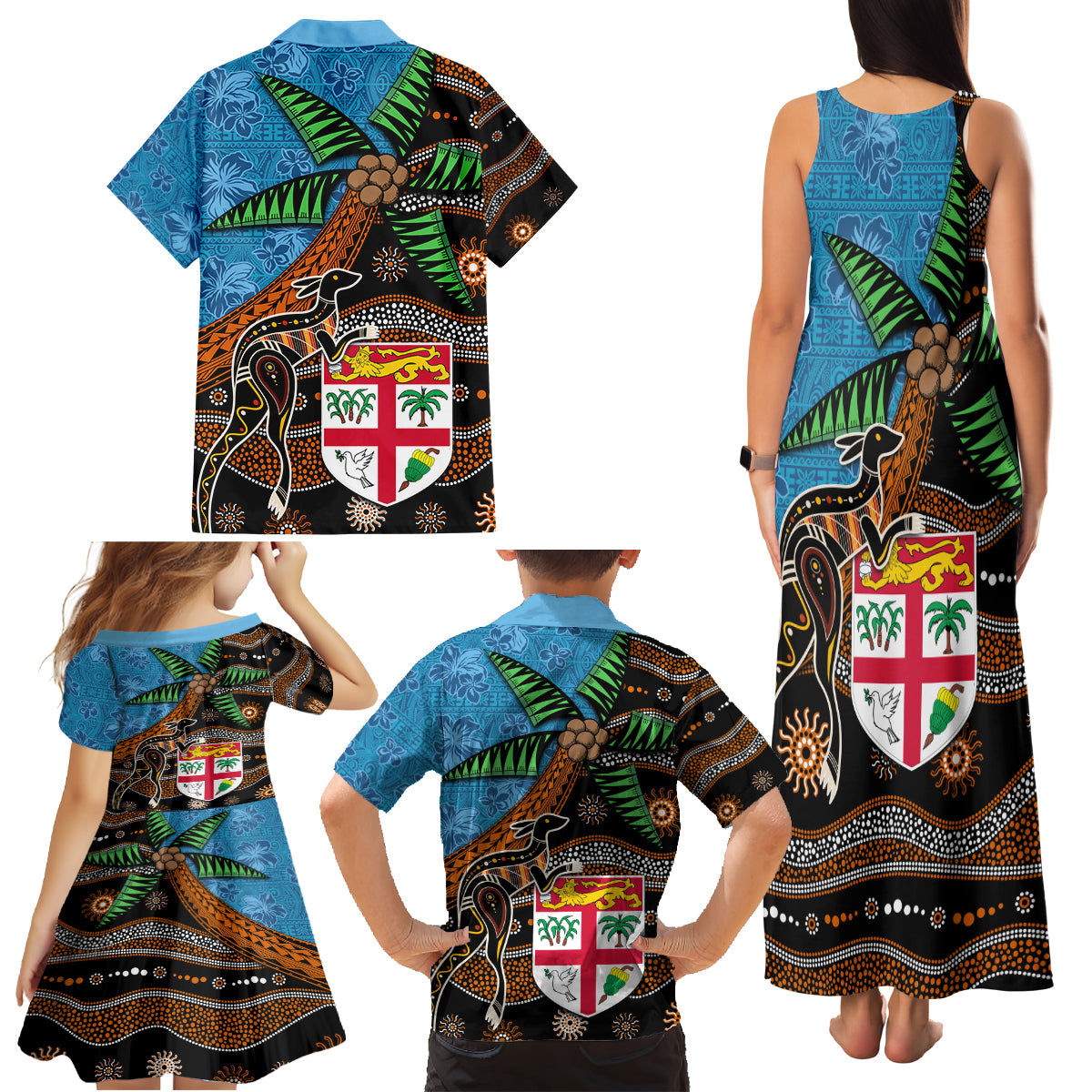 Fiji and Australia Family Matching Tank Maxi Dress and Hawaiian Shirt Fijian and Aboriginal mix Culture LT03 - Polynesian Pride