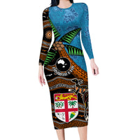 Fiji and Australia Long Sleeve Bodycon Dress Fijian and Aboriginal mix Culture LT03 Long Dress Blue - Polynesian Pride