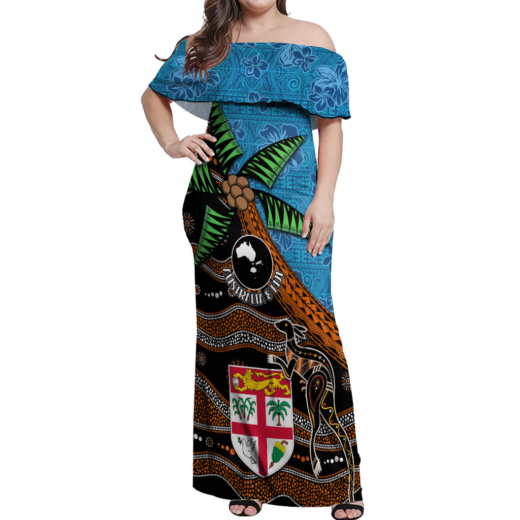 Fiji and Australia Off Shoulder Maxi Dress Fijian and Aboriginal mix Culture LT03 Women Blue - Polynesian Pride
