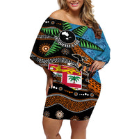 Fiji and Australia Off Shoulder Short Dress Fijian and Aboriginal mix Culture LT03 Women Blue - Polynesian Pride