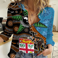 Fiji and Australia Women Casual Shirt Fijian and Aboriginal mix Culture LT03 Female Blue - Polynesian Pride