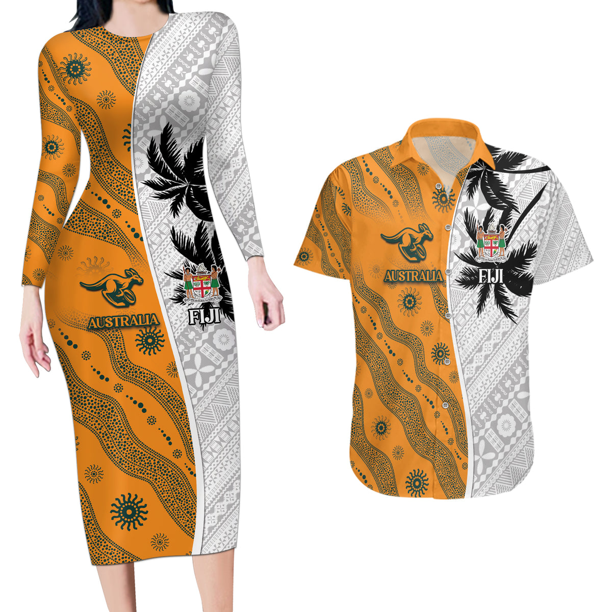 Custom Fiji and Australia Rugby Couples Matching Long Sleeve Bodycon Dress and Hawaiian Shirt Tapa Mix Aboriginal Pattern Half Style LT03 White - Polynesian Pride