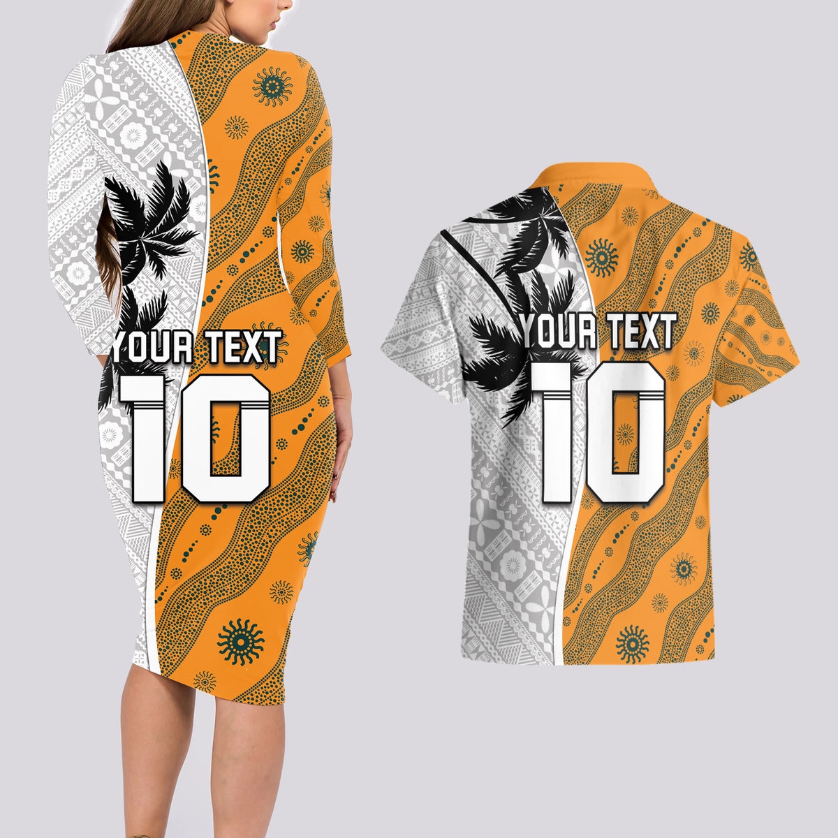 Custom Fiji and Australia Rugby Couples Matching Long Sleeve Bodycon Dress and Hawaiian Shirt Tapa Mix Aboriginal Pattern Half Style LT03 - Polynesian Pride