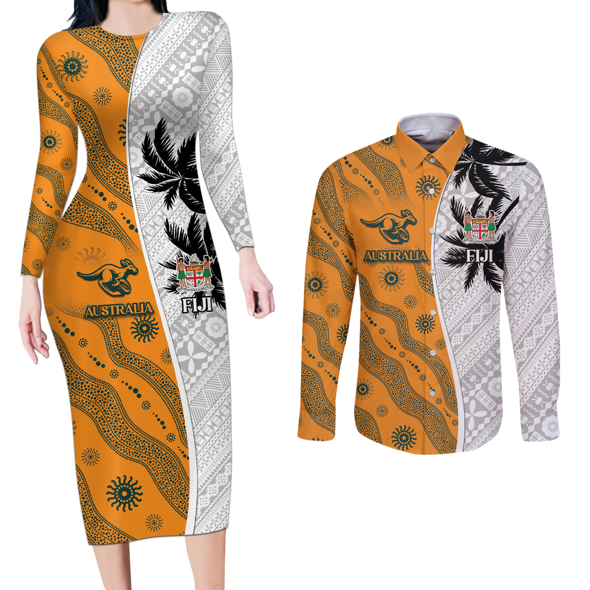 Custom Fiji and Australia Rugby Couples Matching Long Sleeve Bodycon Dress and Long Sleeve Button Shirt Tapa Mix Aboriginal Pattern Half Style LT03 White - Polynesian Pride