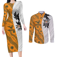 Custom Fiji and Australia Rugby Couples Matching Long Sleeve Bodycon Dress and Long Sleeve Button Shirt Tapa Mix Aboriginal Pattern Half Style LT03 White - Polynesian Pride