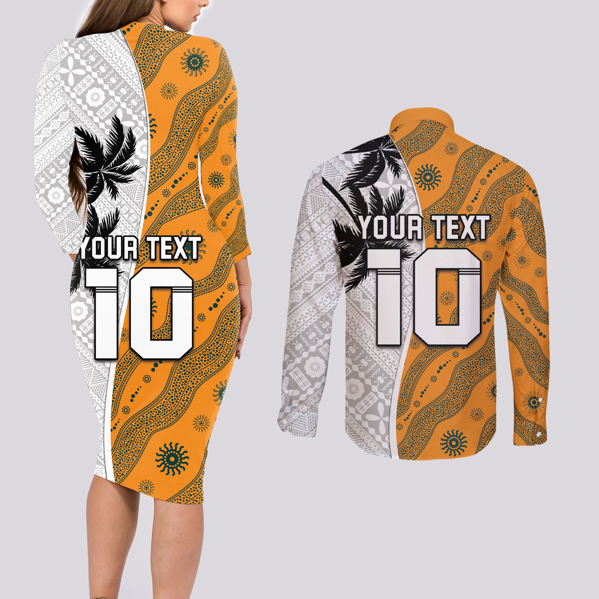 Custom Fiji and Australia Rugby Couples Matching Long Sleeve Bodycon Dress and Long Sleeve Button Shirt Tapa Mix Aboriginal Pattern Half Style LT03 - Polynesian Pride