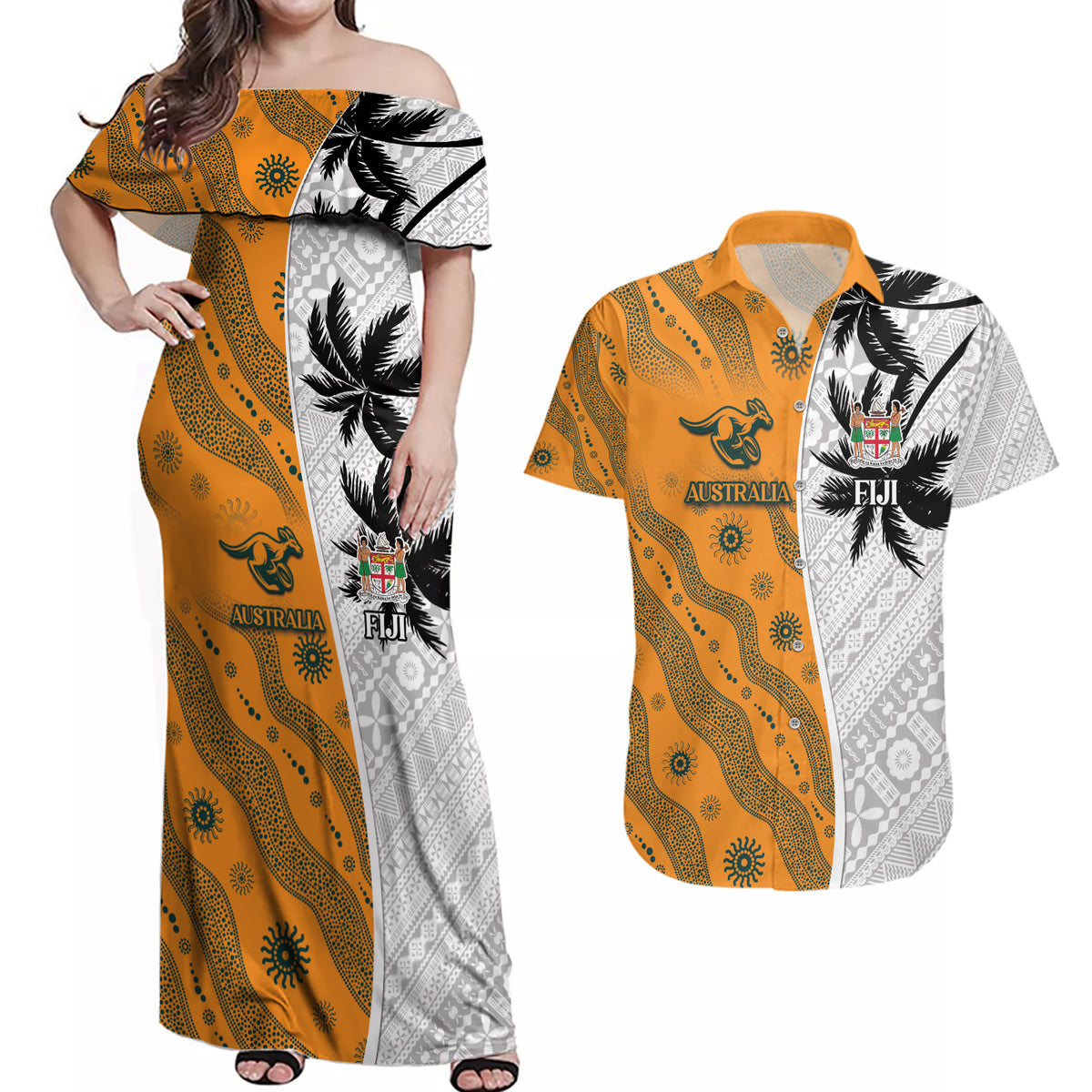 Custom Fiji and Australia Rugby Couples Matching Off Shoulder Maxi Dress and Hawaiian Shirt Tapa Mix Aboriginal Pattern Half Style LT03 White - Polynesian Pride