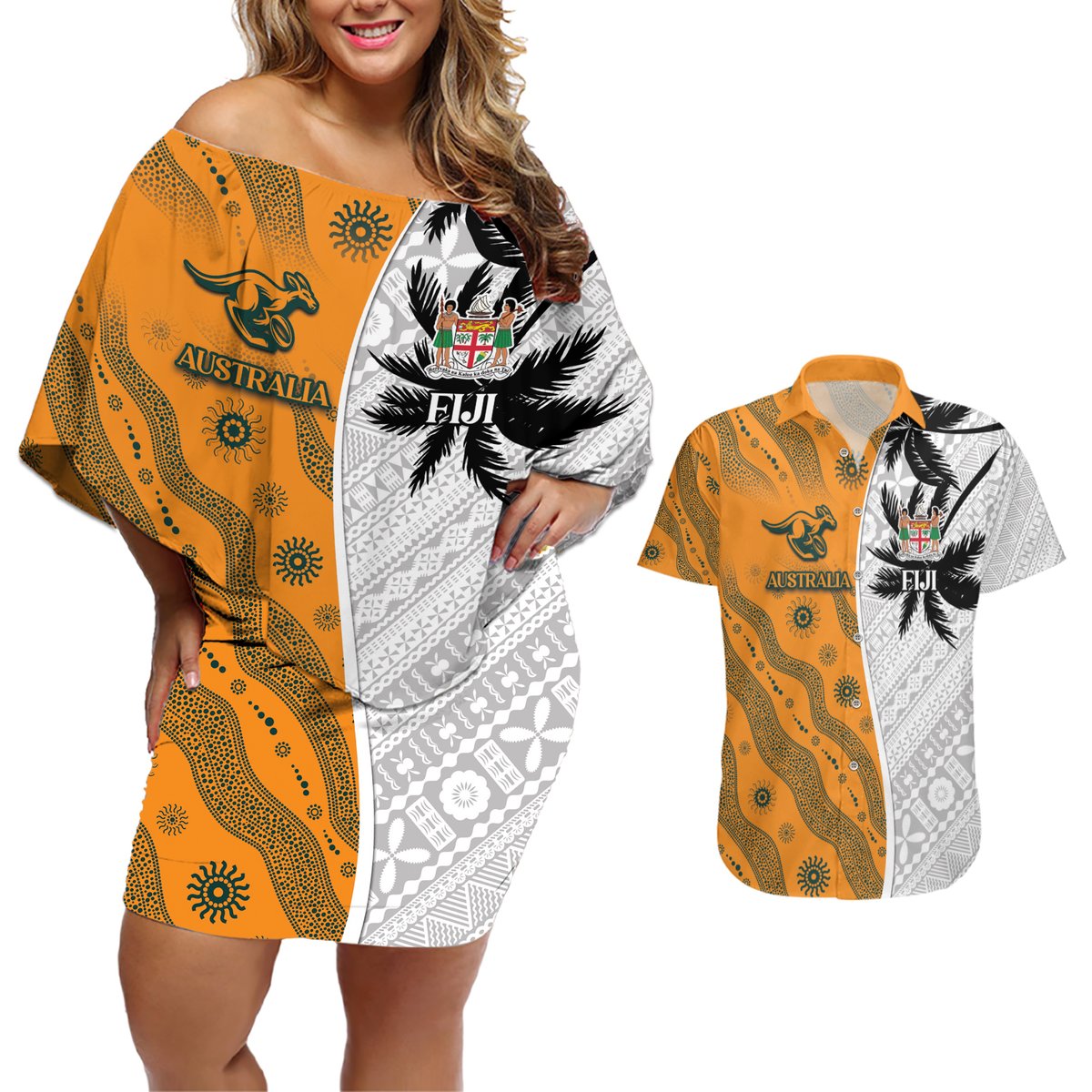 Custom Fiji and Australia Rugby Couples Matching Off Shoulder Short Dress and Hawaiian Shirt Tapa Mix Aboriginal Pattern Half Style LT03 White - Polynesian Pride