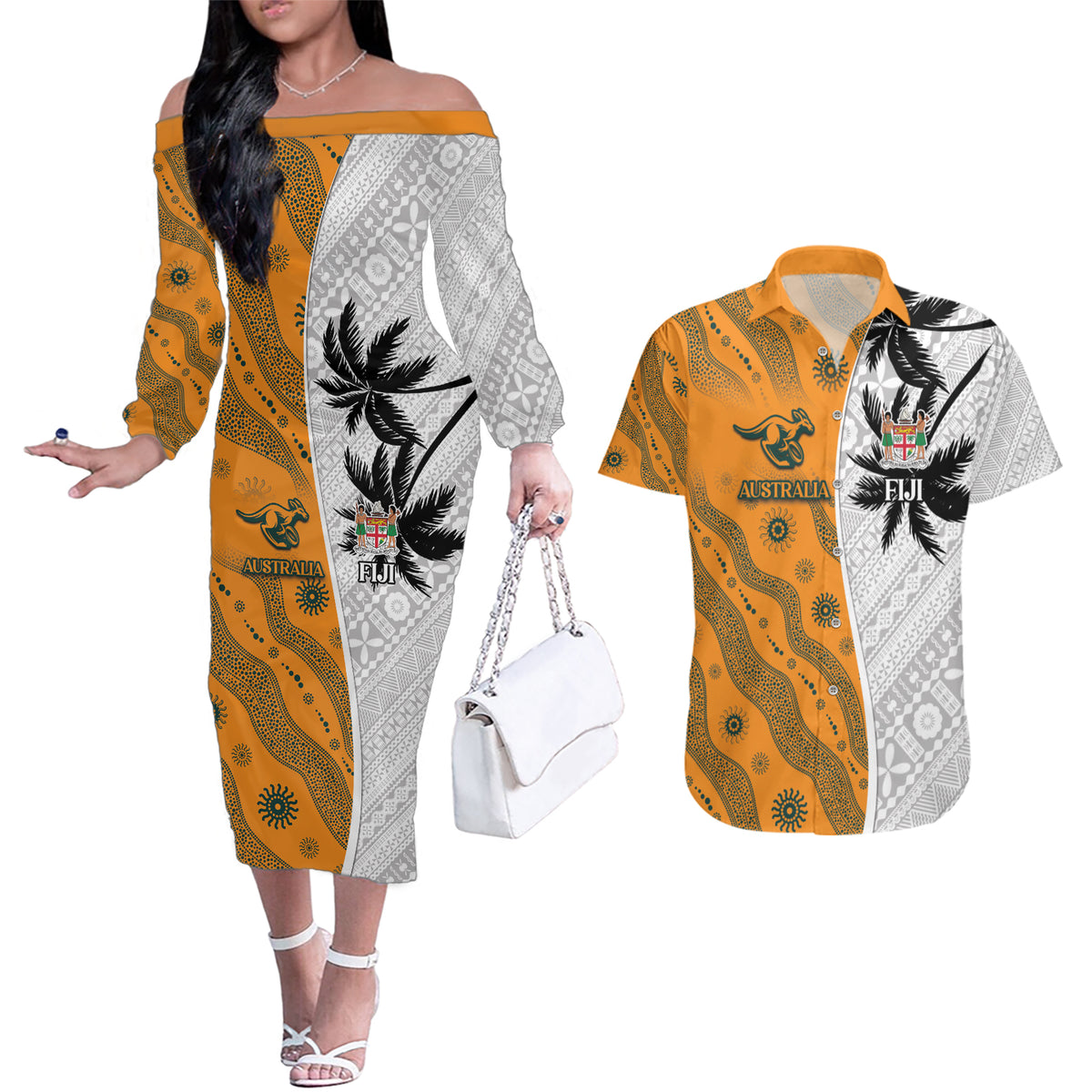 Custom Fiji and Australia Rugby Couples Matching Off The Shoulder Long Sleeve Dress and Hawaiian Shirt Tapa Mix Aboriginal Pattern Half Style LT03 White - Polynesian Pride