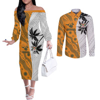 Custom Fiji and Australia Rugby Couples Matching Off The Shoulder Long Sleeve Dress and Long Sleeve Button Shirt Tapa Mix Aboriginal Pattern Half Style LT03 White - Polynesian Pride