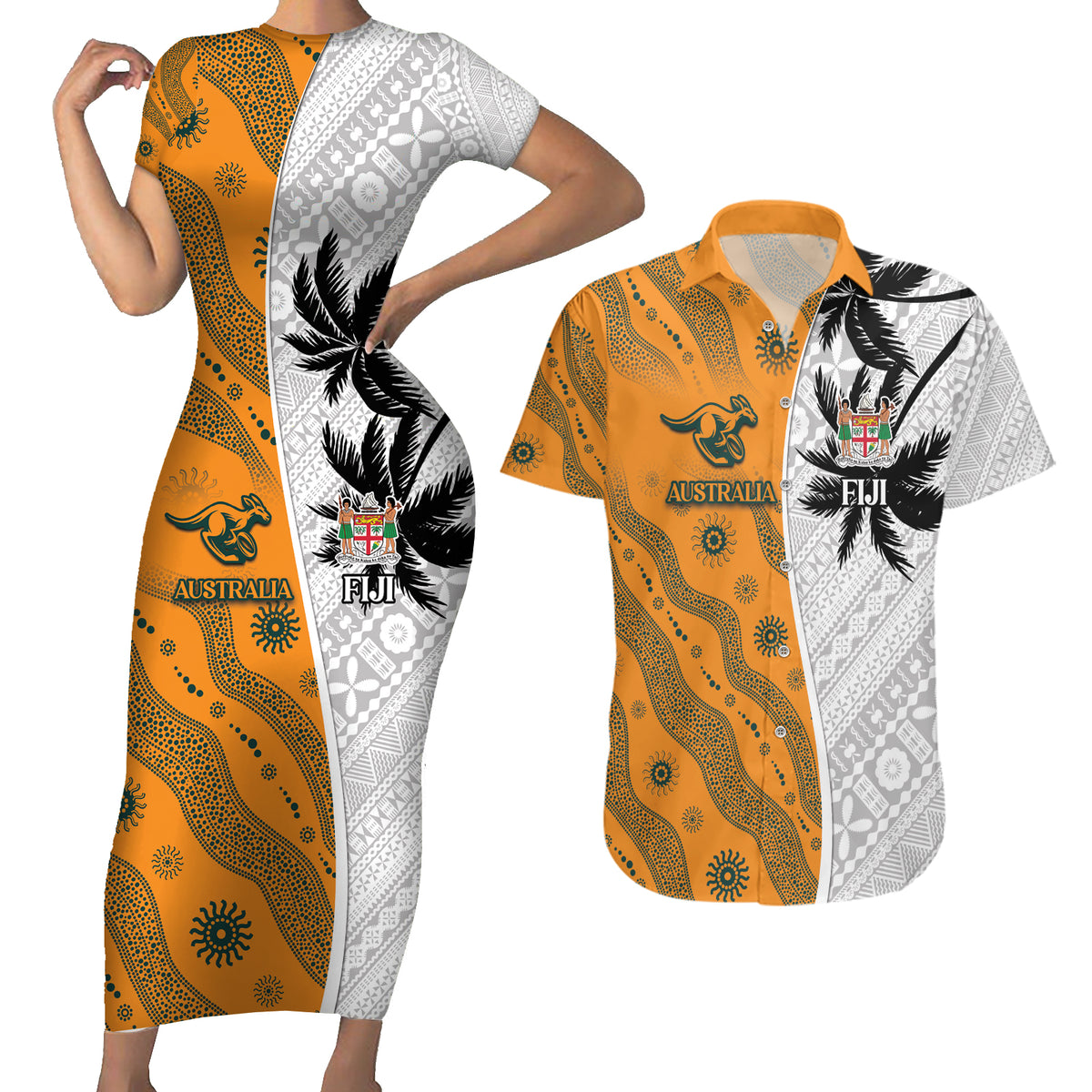 Custom Fiji and Australia Rugby Couples Matching Short Sleeve Bodycon Dress and Hawaiian Shirt Tapa Mix Aboriginal Pattern Half Style LT03 White - Polynesian Pride