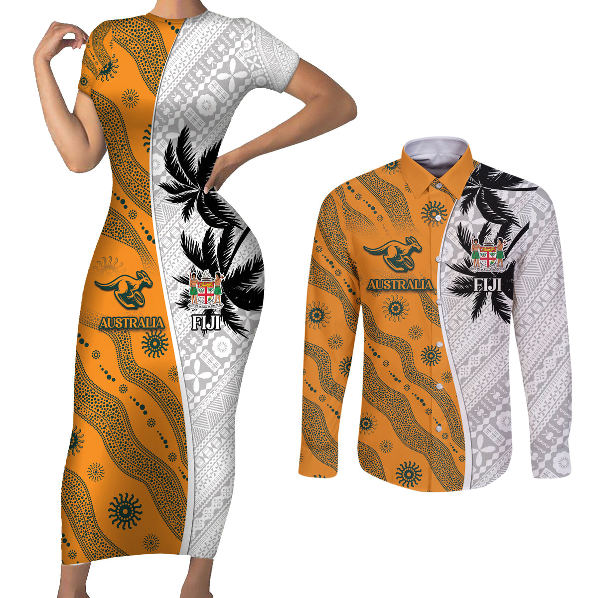 Custom Fiji and Australia Rugby Couples Matching Short Sleeve Bodycon Dress and Long Sleeve Button Shirt Tapa Mix Aboriginal Pattern Half Style LT03 White - Polynesian Pride