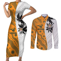 Custom Fiji and Australia Rugby Couples Matching Short Sleeve Bodycon Dress and Long Sleeve Button Shirt Tapa Mix Aboriginal Pattern Half Style LT03 White - Polynesian Pride