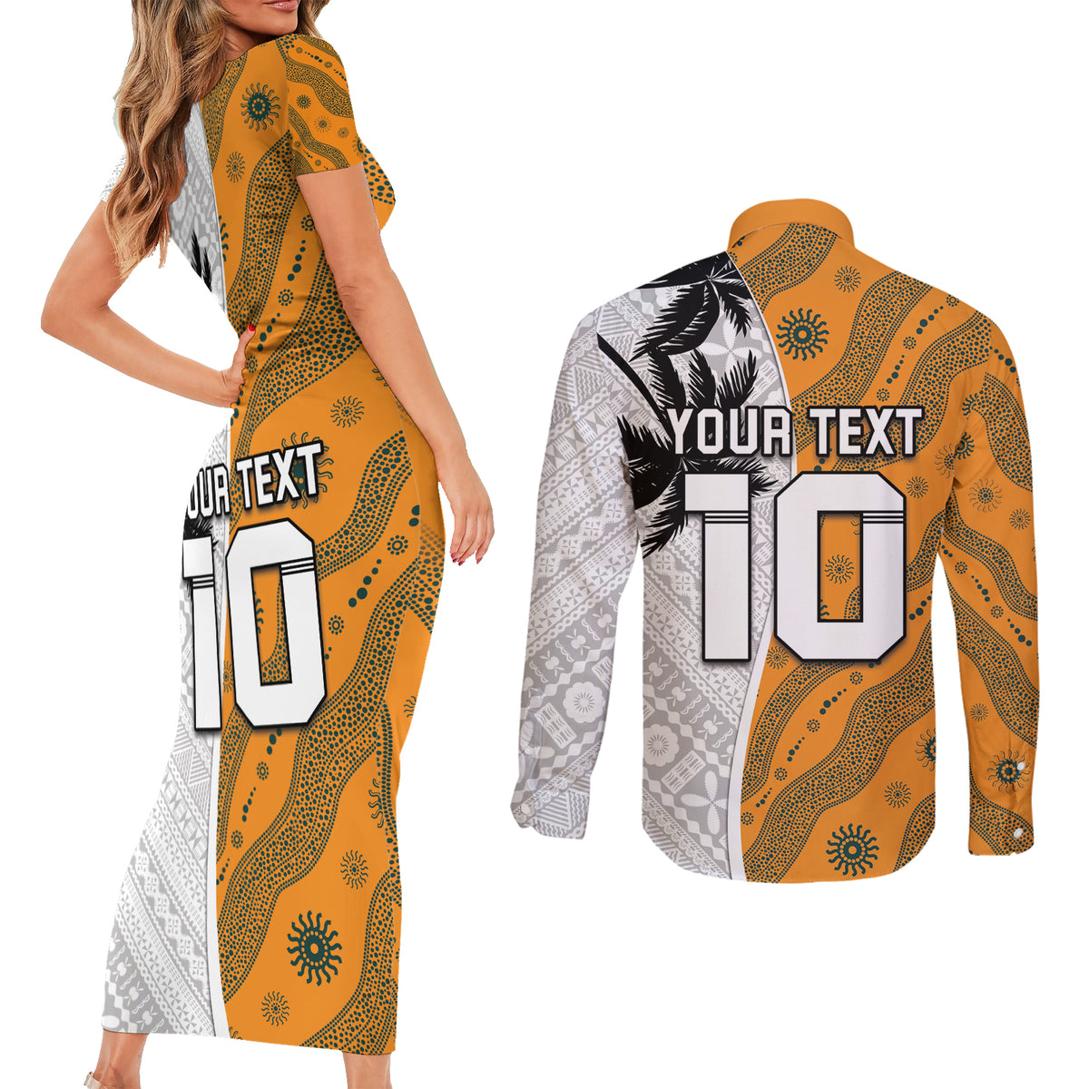 Custom Fiji and Australia Rugby Couples Matching Short Sleeve Bodycon Dress and Long Sleeve Button Shirt Tapa Mix Aboriginal Pattern Half Style LT03 - Polynesian Pride