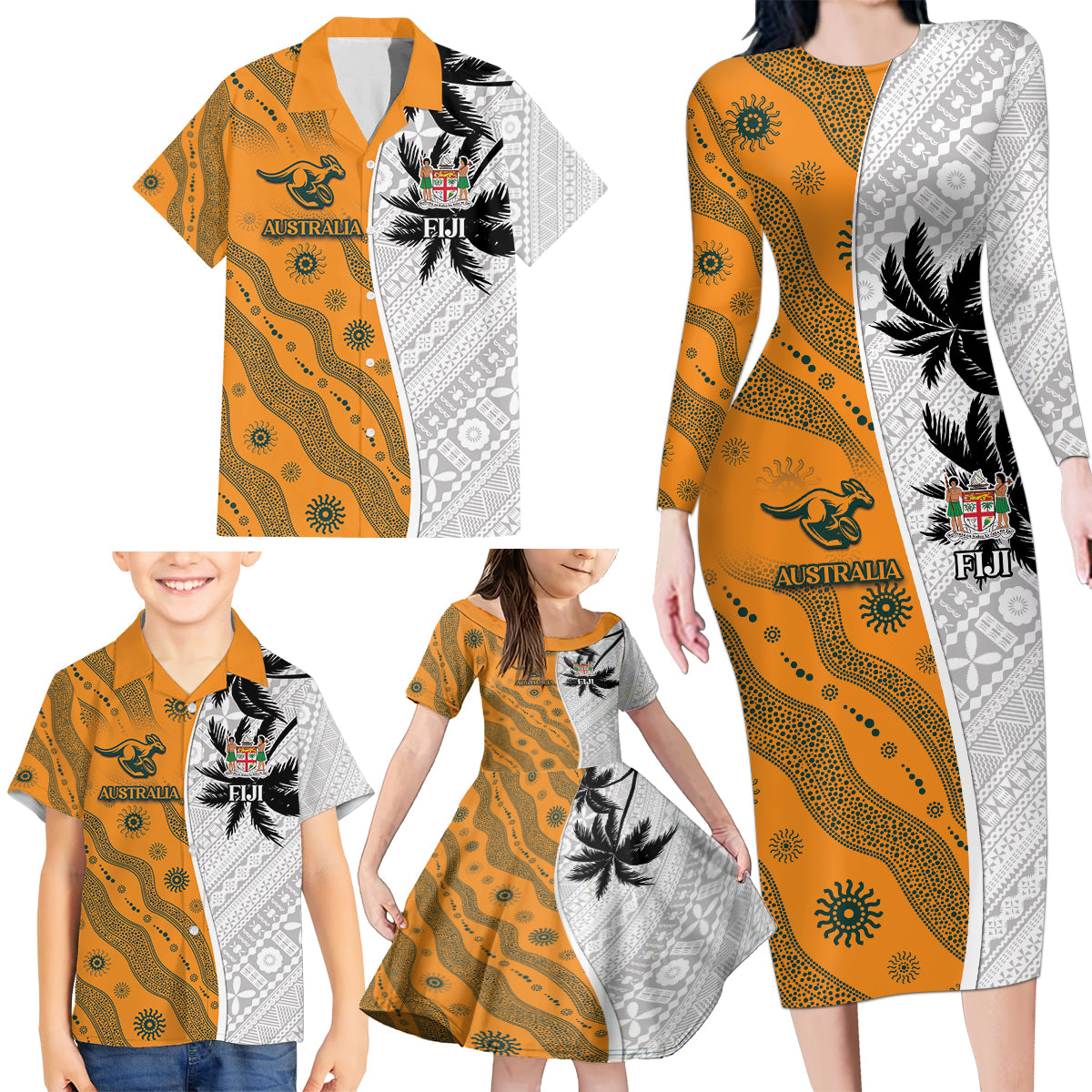 Custom Fiji and Australia Rugby Family Matching Long Sleeve Bodycon Dress and Hawaiian Shirt Tapa Mix Aboriginal Pattern Half Style LT03 - Polynesian Pride