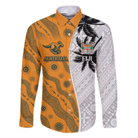 Custom Fiji and Australia Rugby Family Matching Long Sleeve Bodycon Dress and Hawaiian Shirt Tapa Mix Aboriginal Pattern Half Style LT03 Dad's Shirt - Long Sleeve White - Polynesian Pride