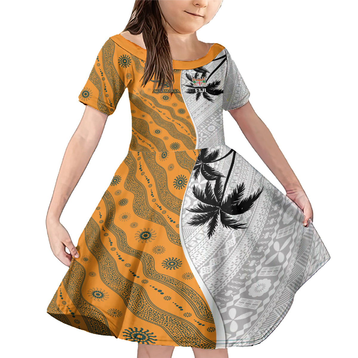Custom Fiji and Australia Rugby Family Matching Mermaid Dress and Hawaiian Shirt Tapa Mix Aboriginal Pattern Half Style LT03 Daughter's Dress White - Polynesian Pride