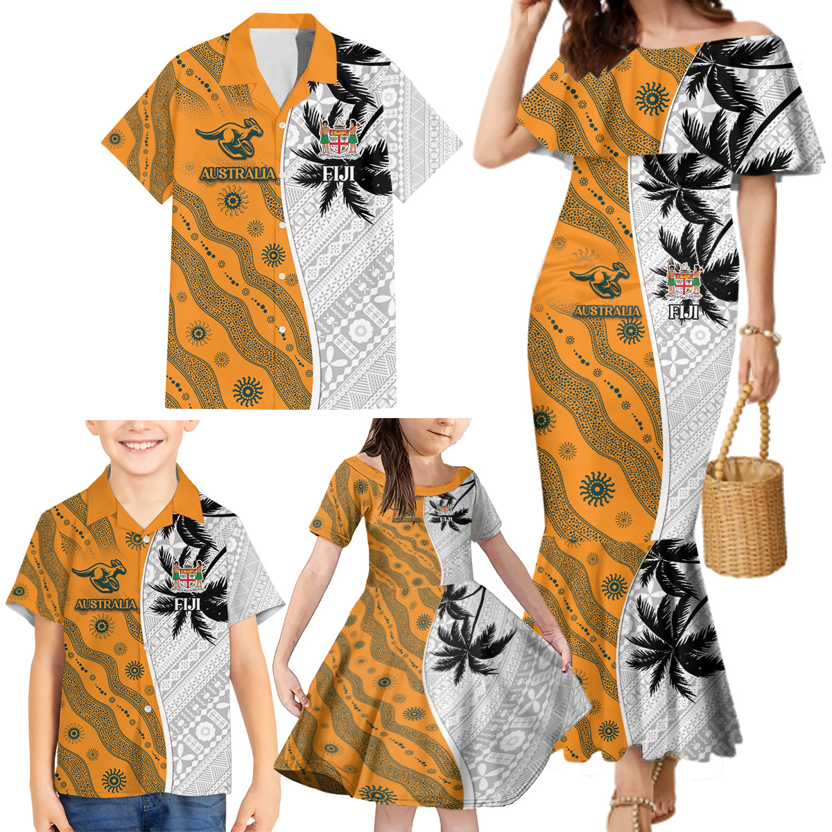 Custom Fiji and Australia Rugby Family Matching Mermaid Dress and Hawaiian Shirt Tapa Mix Aboriginal Pattern Half Style LT03 - Polynesian Pride