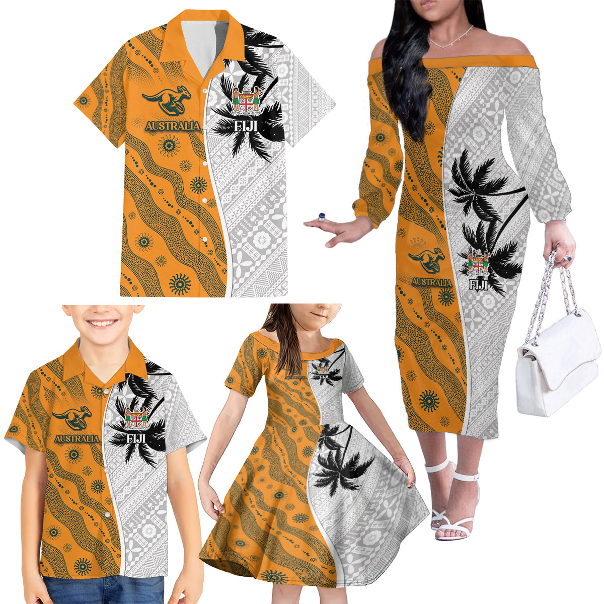 Custom Fiji and Australia Rugby Family Matching Off The Shoulder Long Sleeve Dress and Hawaiian Shirt Tapa Mix Aboriginal Pattern Half Style LT03 - Polynesian Pride