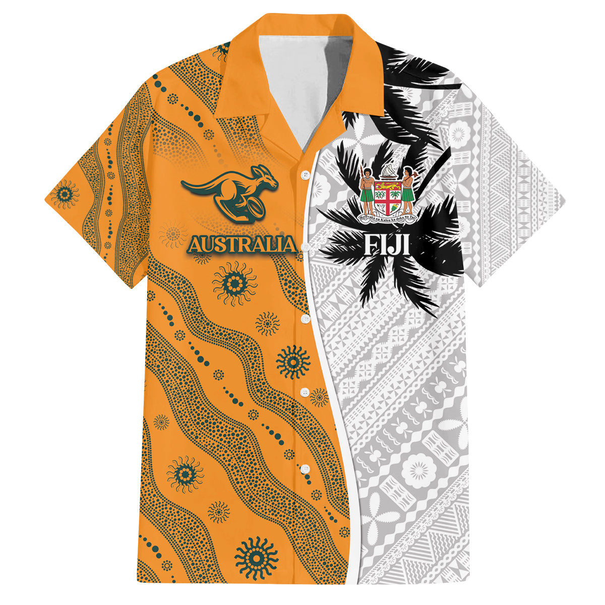 Custom Fiji and Australia Rugby Family Matching Off The Shoulder Long Sleeve Dress and Hawaiian Shirt Tapa Mix Aboriginal Pattern Half Style LT03 Dad's Shirt - Short Sleeve White - Polynesian Pride