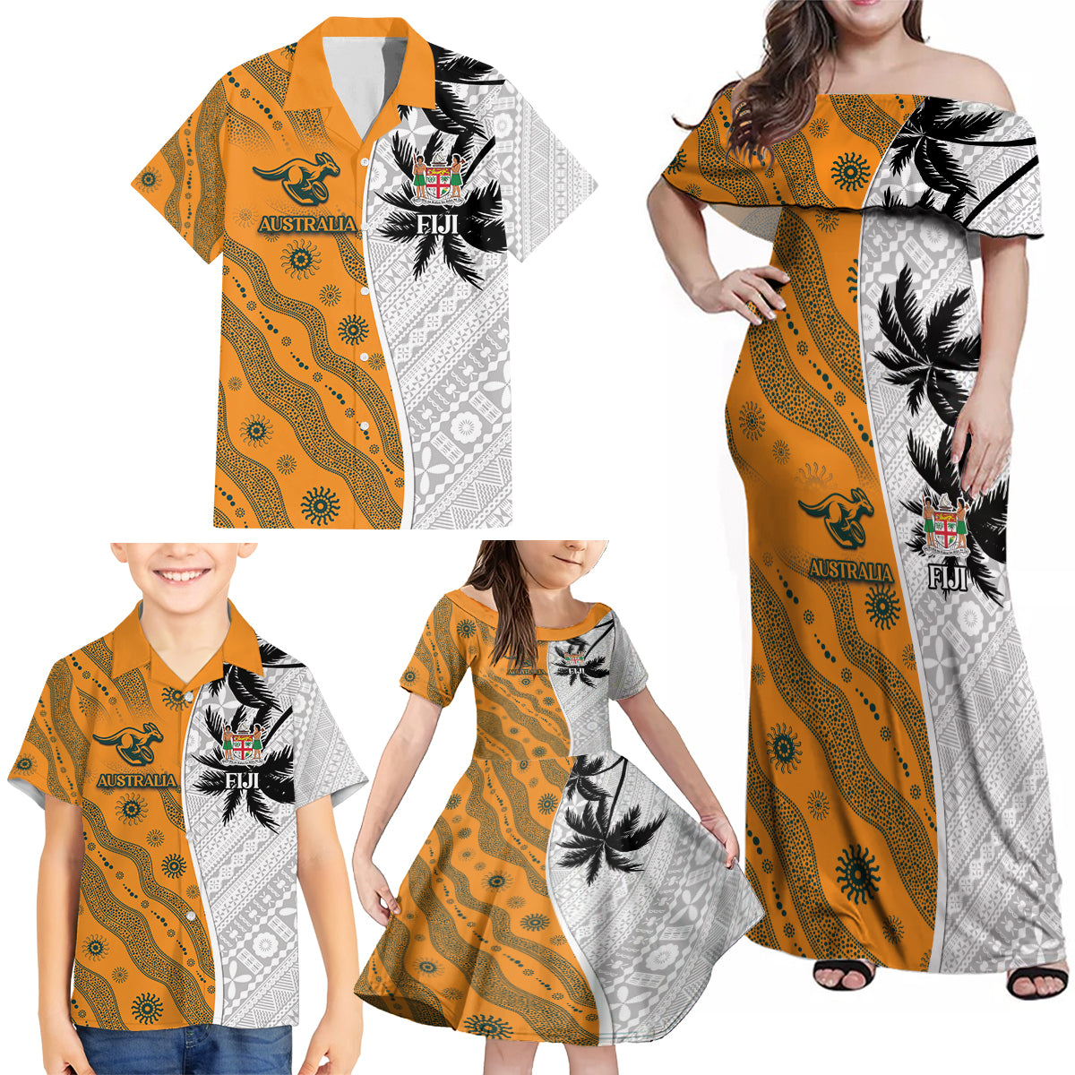 Custom Fiji and Australia Rugby Family Matching Off Shoulder Maxi Dress and Hawaiian Shirt Tapa Mix Aboriginal Pattern Half Style LT03 - Polynesian Pride