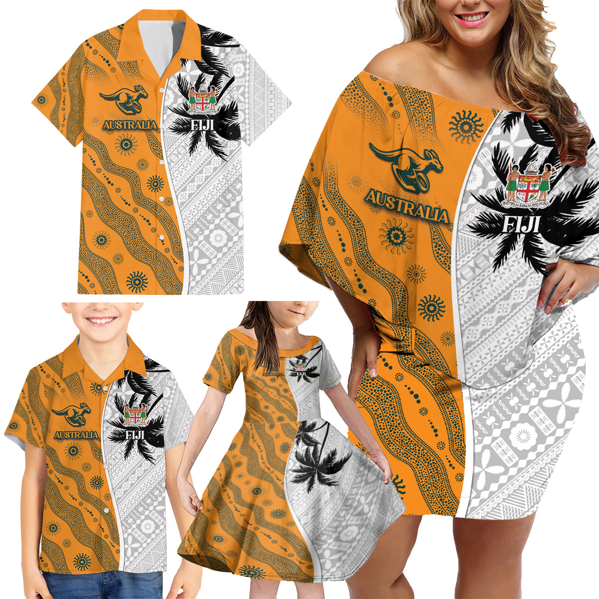 Custom Fiji and Australia Rugby Family Matching Off Shoulder Short Dress and Hawaiian Shirt Tapa Mix Aboriginal Pattern Half Style LT03 - Polynesian Pride