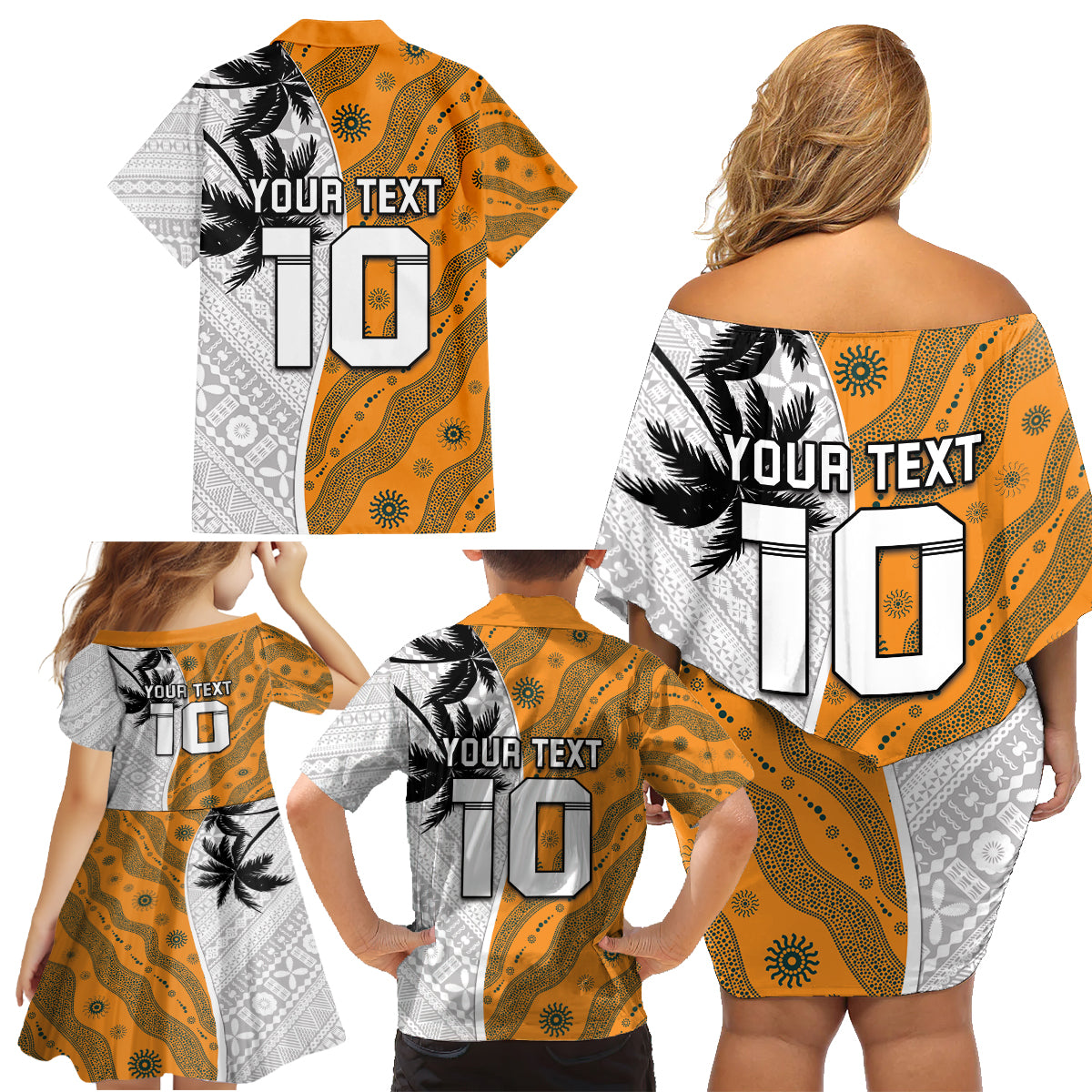 Custom Fiji and Australia Rugby Family Matching Off Shoulder Short Dress and Hawaiian Shirt Tapa Mix Aboriginal Pattern Half Style LT03 - Polynesian Pride