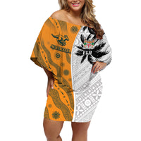 Custom Fiji and Australia Rugby Family Matching Off Shoulder Short Dress and Hawaiian Shirt Tapa Mix Aboriginal Pattern Half Style LT03 Mom's Dress White - Polynesian Pride