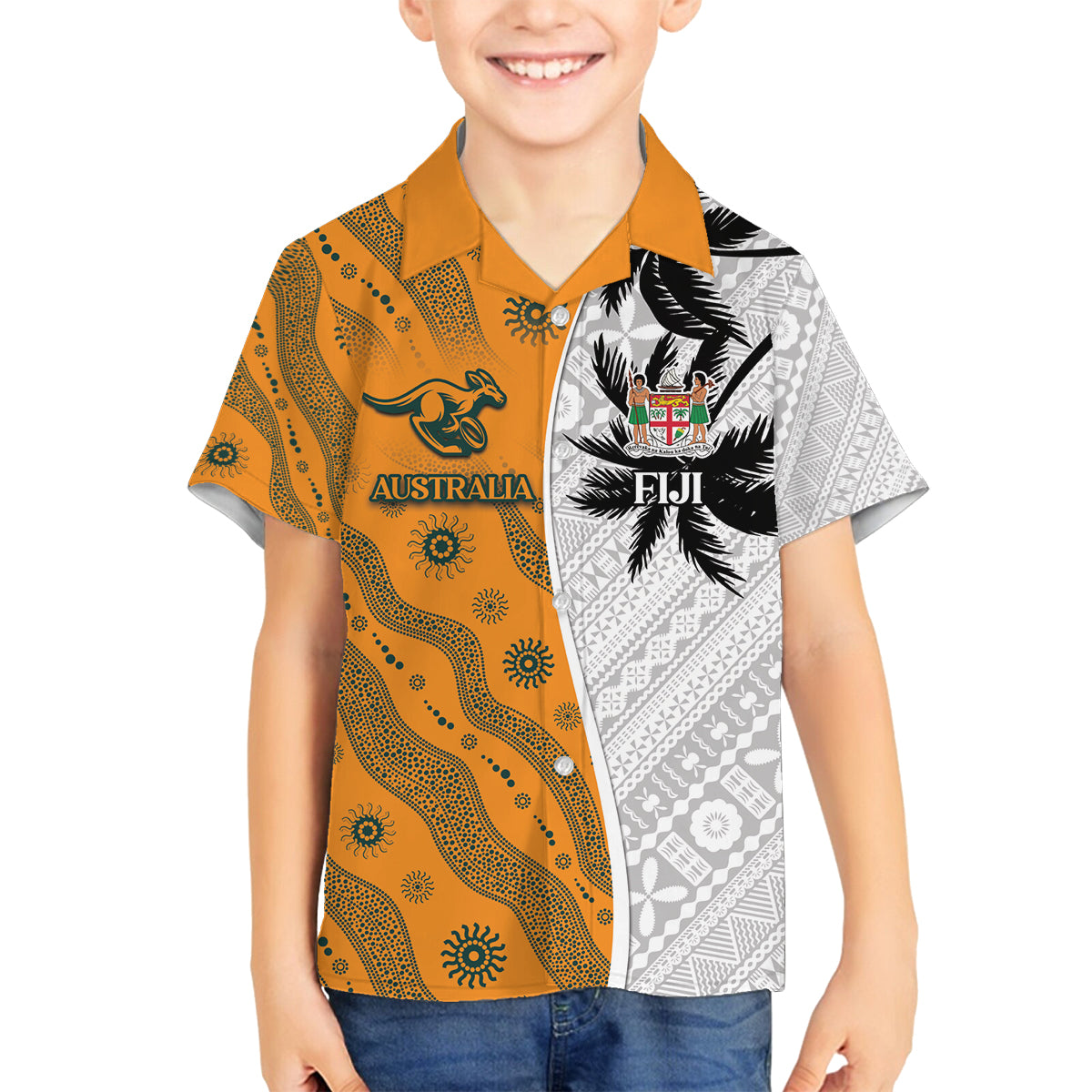 Custom Fiji and Australia Rugby Family Matching Off Shoulder Short Dress and Hawaiian Shirt Tapa Mix Aboriginal Pattern Half Style LT03 Son's Shirt White - Polynesian Pride