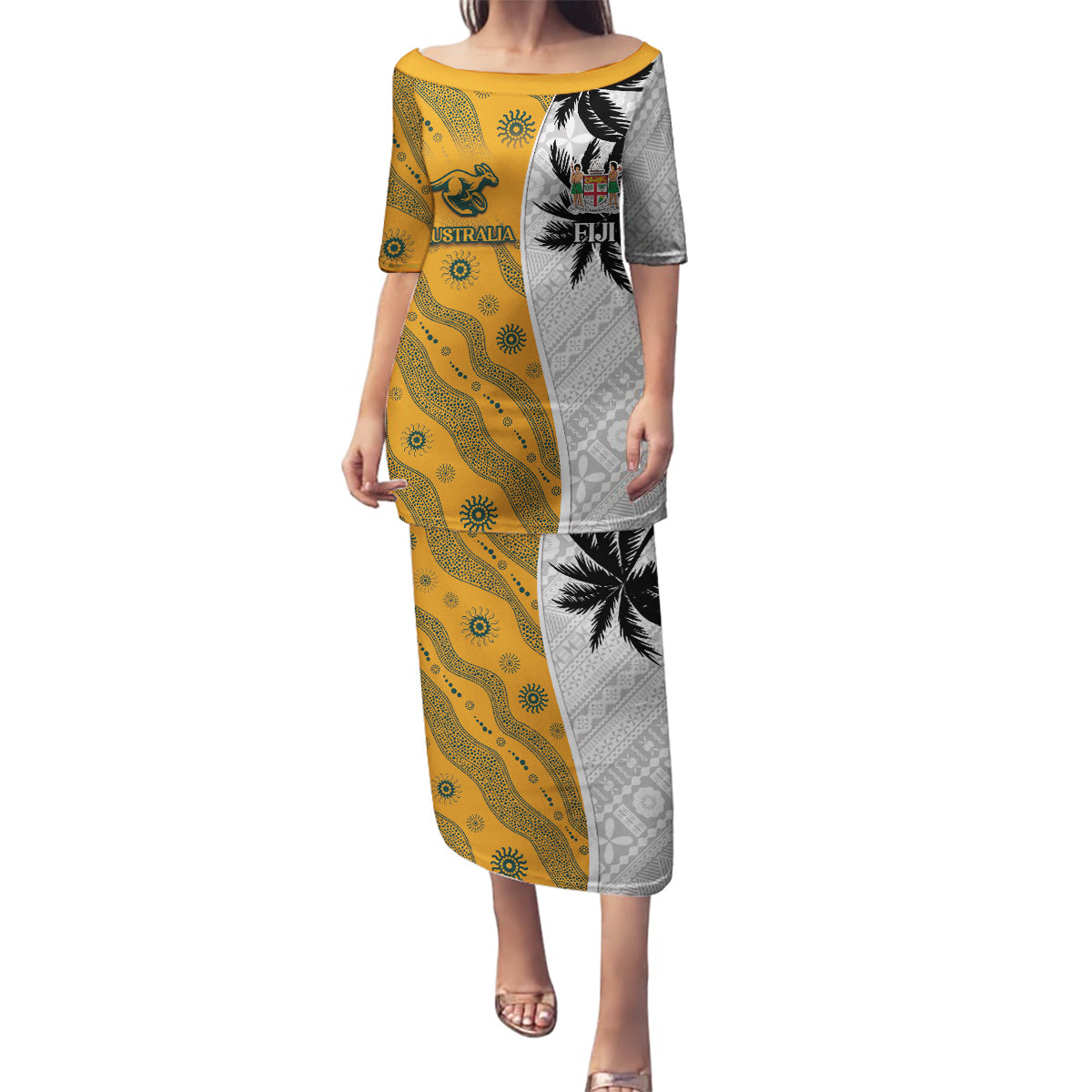 Custom Fiji and Australia Rugby Family Matching Puletasi and Hawaiian Shirt Tapa Mix Aboriginal Pattern Half Style LT03 Mom's Dress White - Polynesian Pride