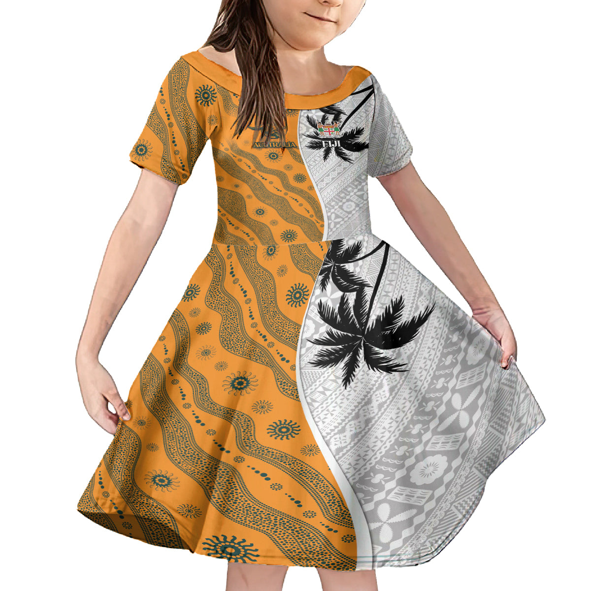 Custom Fiji and Australia Rugby Family Matching Summer Maxi Dress and Hawaiian Shirt Tapa Mix Aboriginal Pattern Half Style LT03 Daughter's Dress White - Polynesian Pride