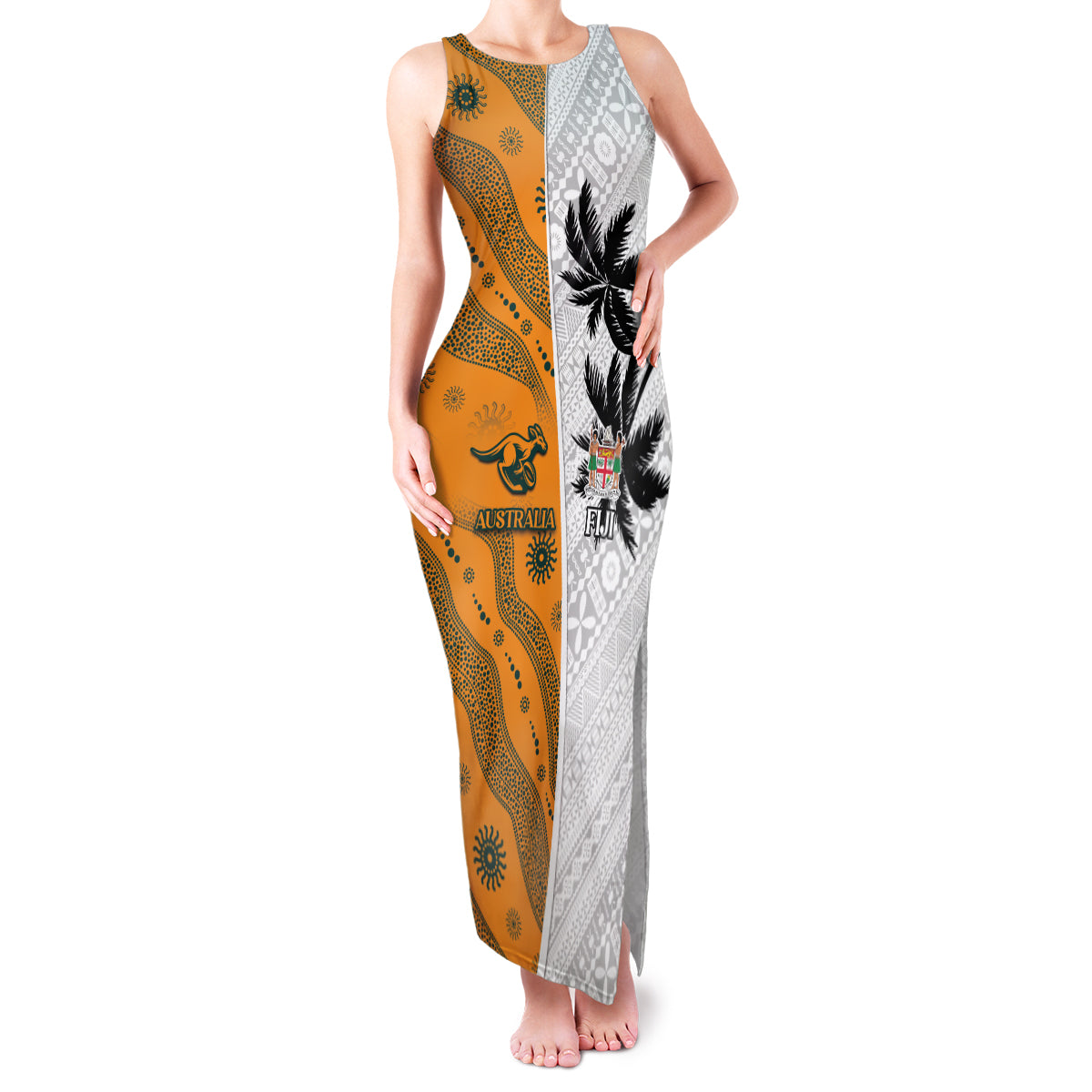 Custom Fiji and Australia Rugby Family Matching Tank Maxi Dress and Hawaiian Shirt Tapa Mix Aboriginal Pattern Half Style LT03 Mom's Dress White - Polynesian Pride