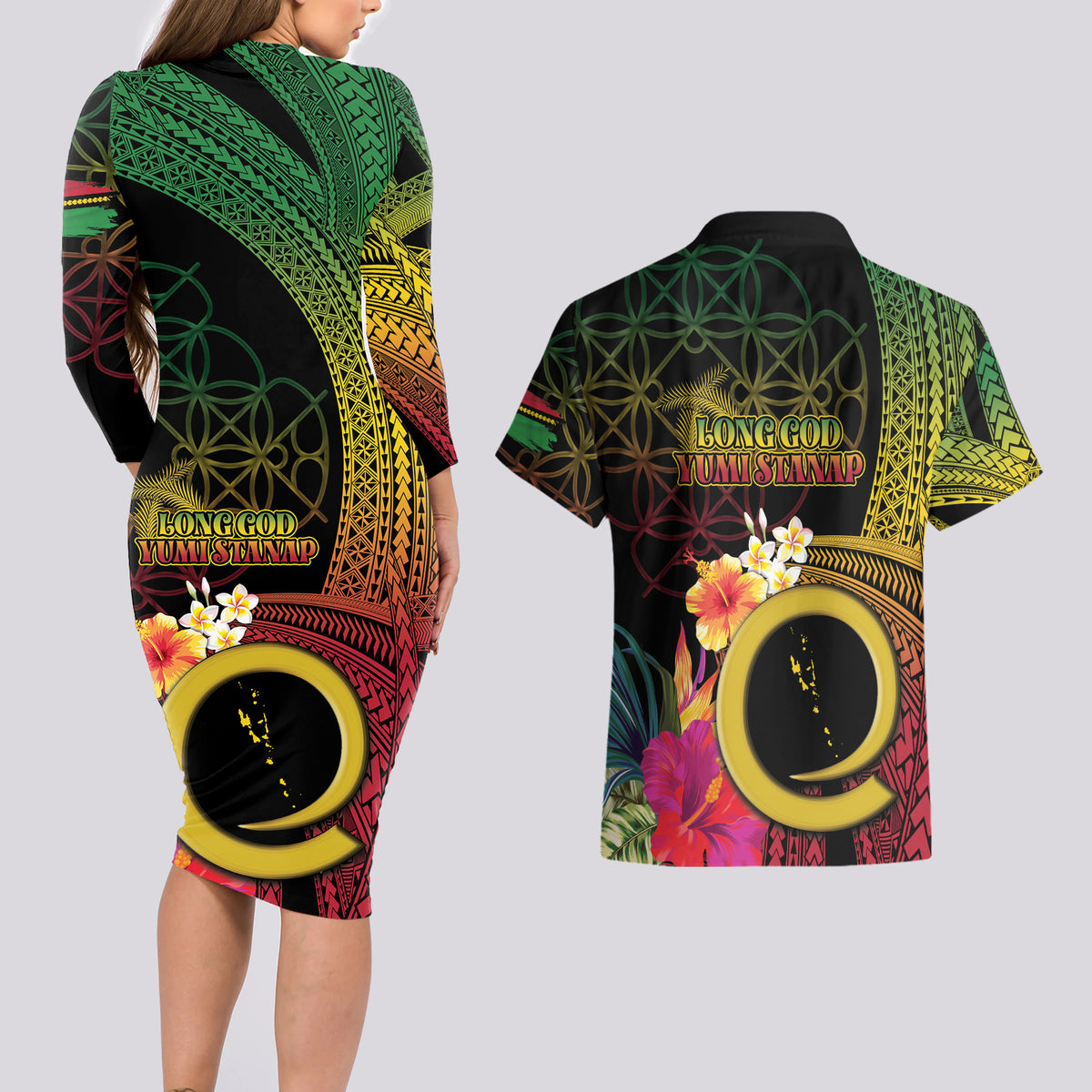 Vanuatu Independence Day Couples Matching Long Sleeve Bodycon Dress and Hawaiian Shirt Sand Drawing Melanesian Vibes LT03 - Polynesian Pride