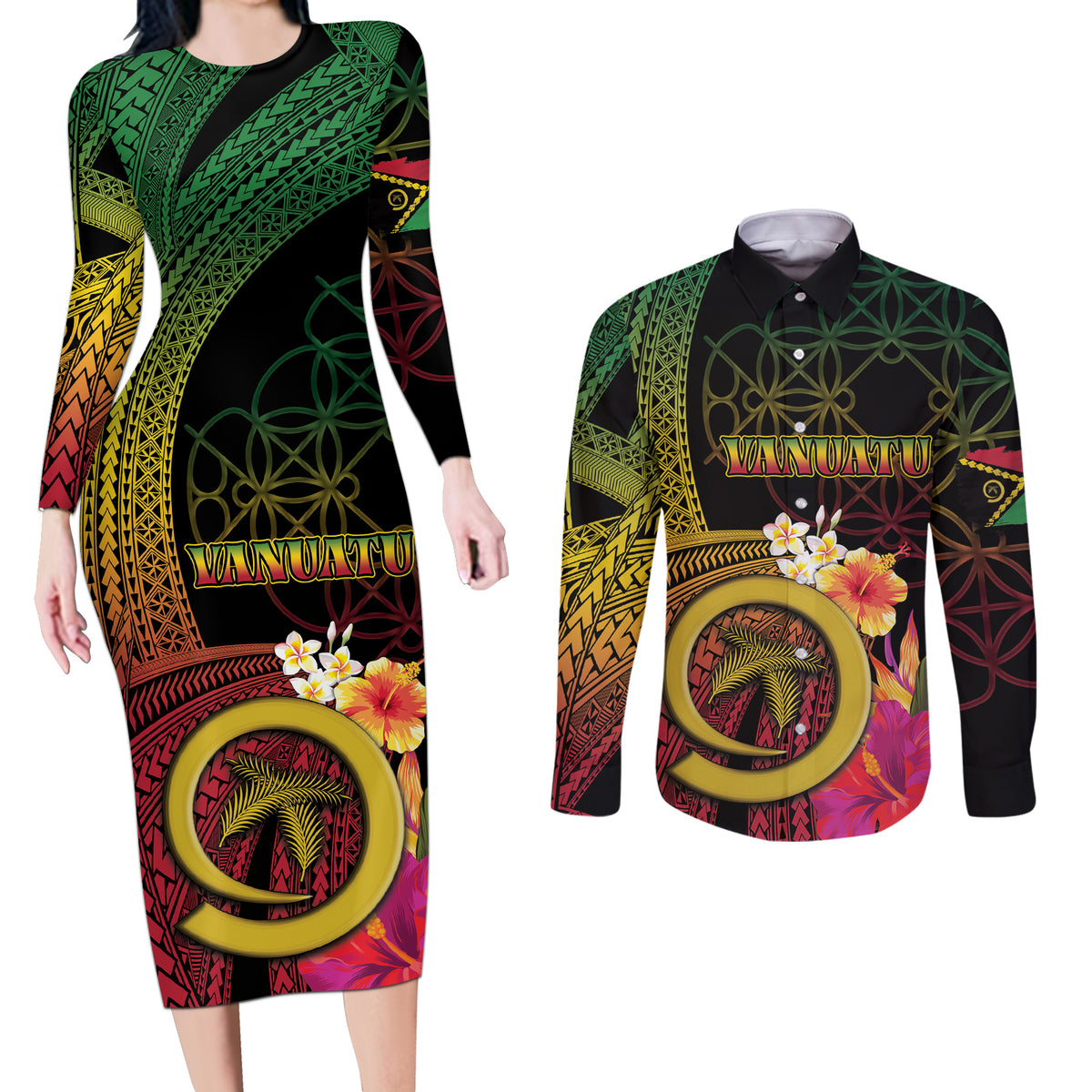 Vanuatu Independence Day Couples Matching Long Sleeve Bodycon Dress and Long Sleeve Button Shirt Sand Drawing Melanesian Vibes LT03 Black - Polynesian Pride