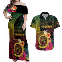 Vanuatu Independence Day Couples Matching Off Shoulder Maxi Dress and Hawaiian Shirt Sand Drawing Melanesian Vibes LT03 Black - Polynesian Pride