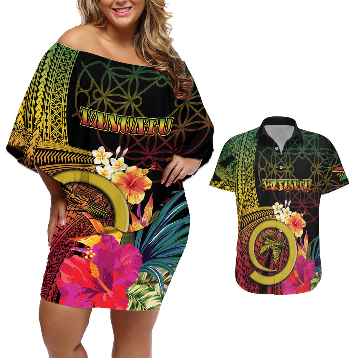 Vanuatu Independence Day Couples Matching Off Shoulder Short Dress and Hawaiian Shirt Sand Drawing Melanesian Vibes LT03 Black - Polynesian Pride