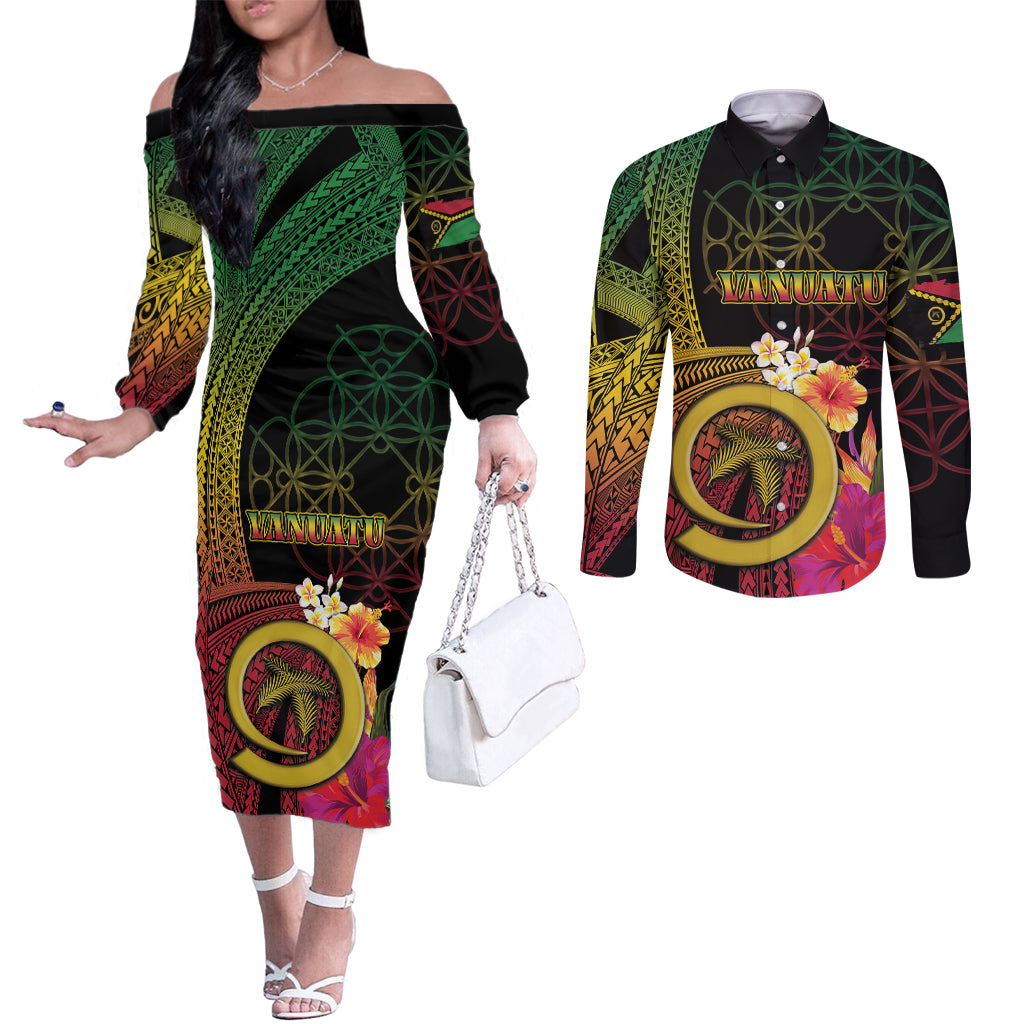 Vanuatu Independence Day Couples Matching Off The Shoulder Long Sleeve Dress and Long Sleeve Button Shirt Sand Drawing Melanesian Vibes