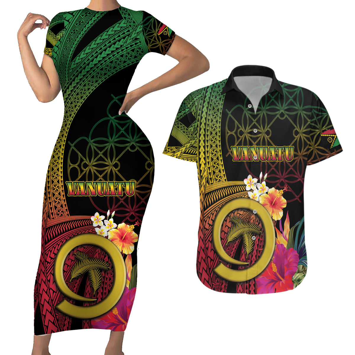 Vanuatu Independence Day Couples Matching Short Sleeve Bodycon Dress and Hawaiian Shirt Sand Drawing Melanesian Vibes LT03 Black - Polynesian Pride