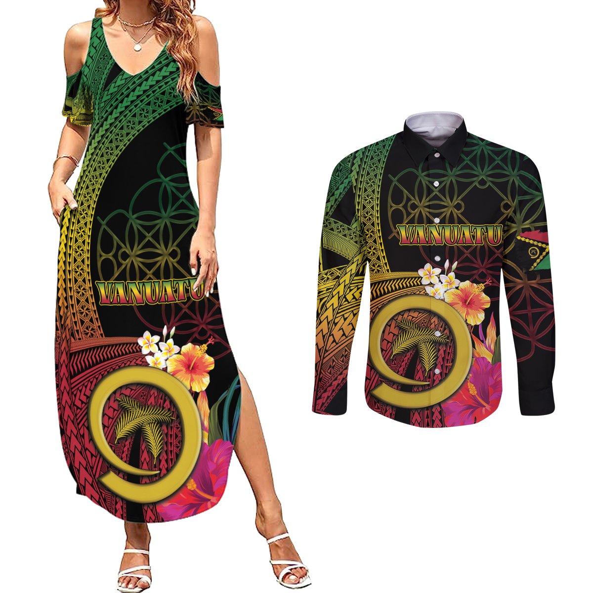 Vanuatu Independence Day Couples Matching Summer Maxi Dress and Long Sleeve Button Shirt Sand Drawing Melanesian Vibes