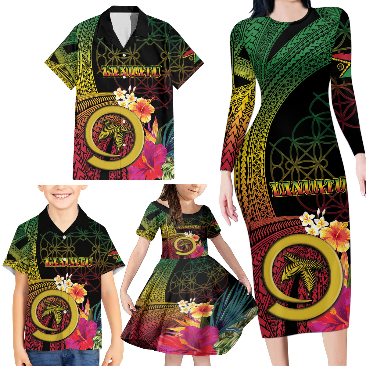 Vanuatu Independence Day Family Matching Long Sleeve Bodycon Dress and Hawaiian Shirt Sand Drawing Melanesian Vibes LT03 - Polynesian Pride