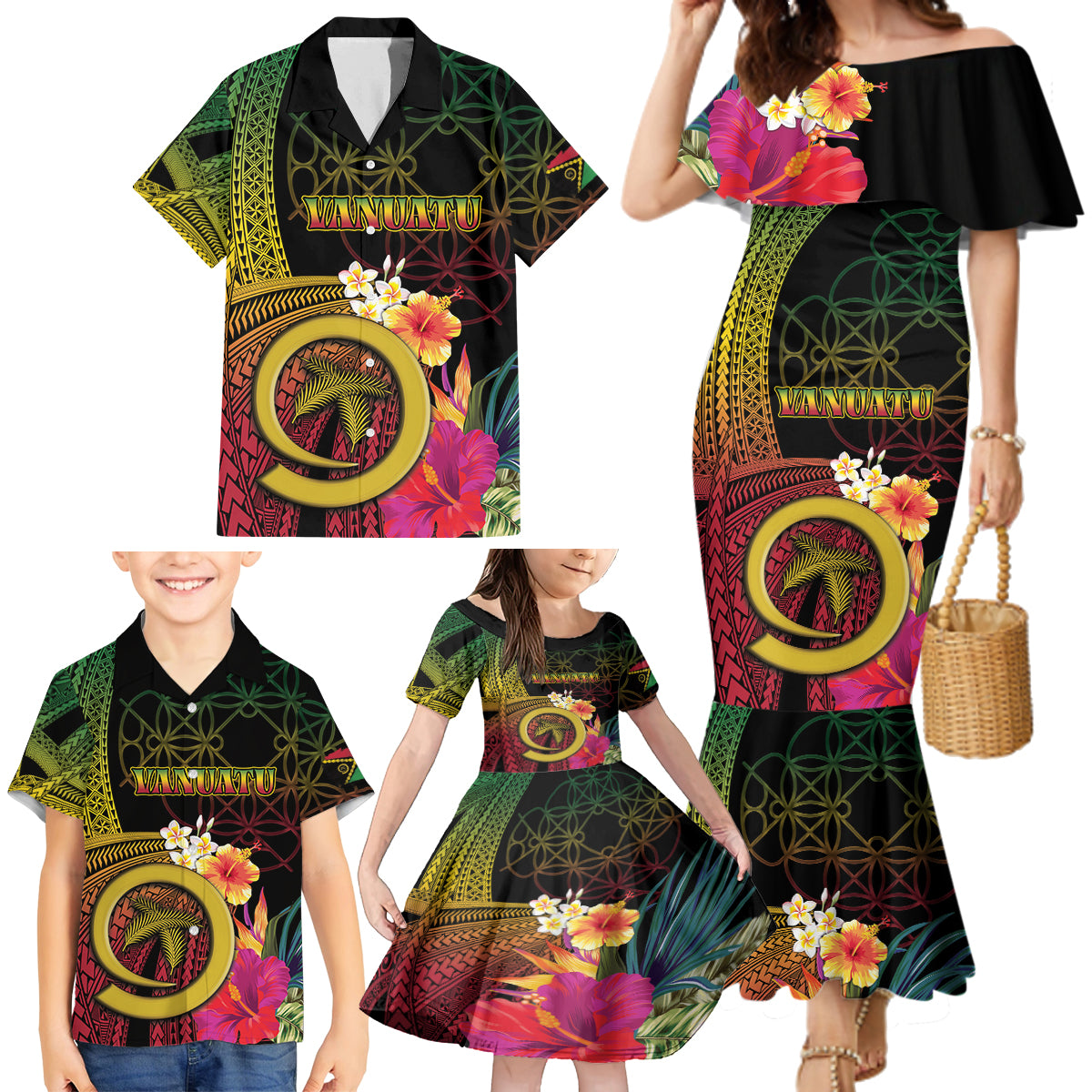 Vanuatu Independence Day Family Matching Mermaid Dress and Hawaiian Shirt Sand Drawing Melanesian Vibes LT03 - Polynesian Pride