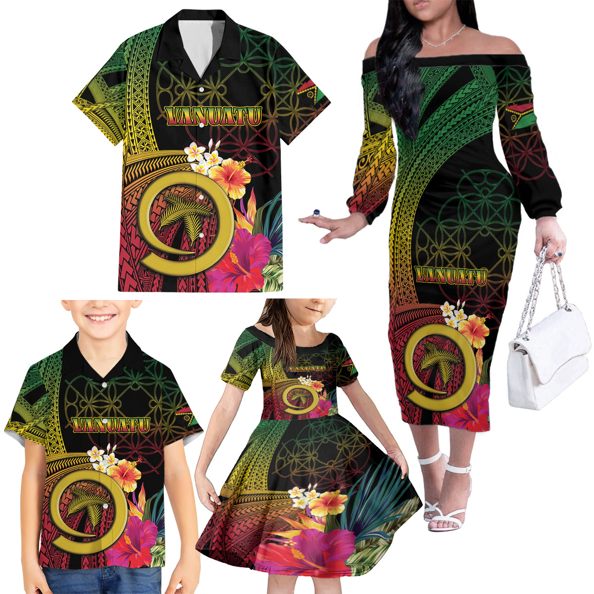 Vanuatu Independence Day Family Matching Off The Shoulder Long Sleeve Dress and Hawaiian Shirt Sand Drawing Melanesian Vibes LT03 - Polynesian Pride