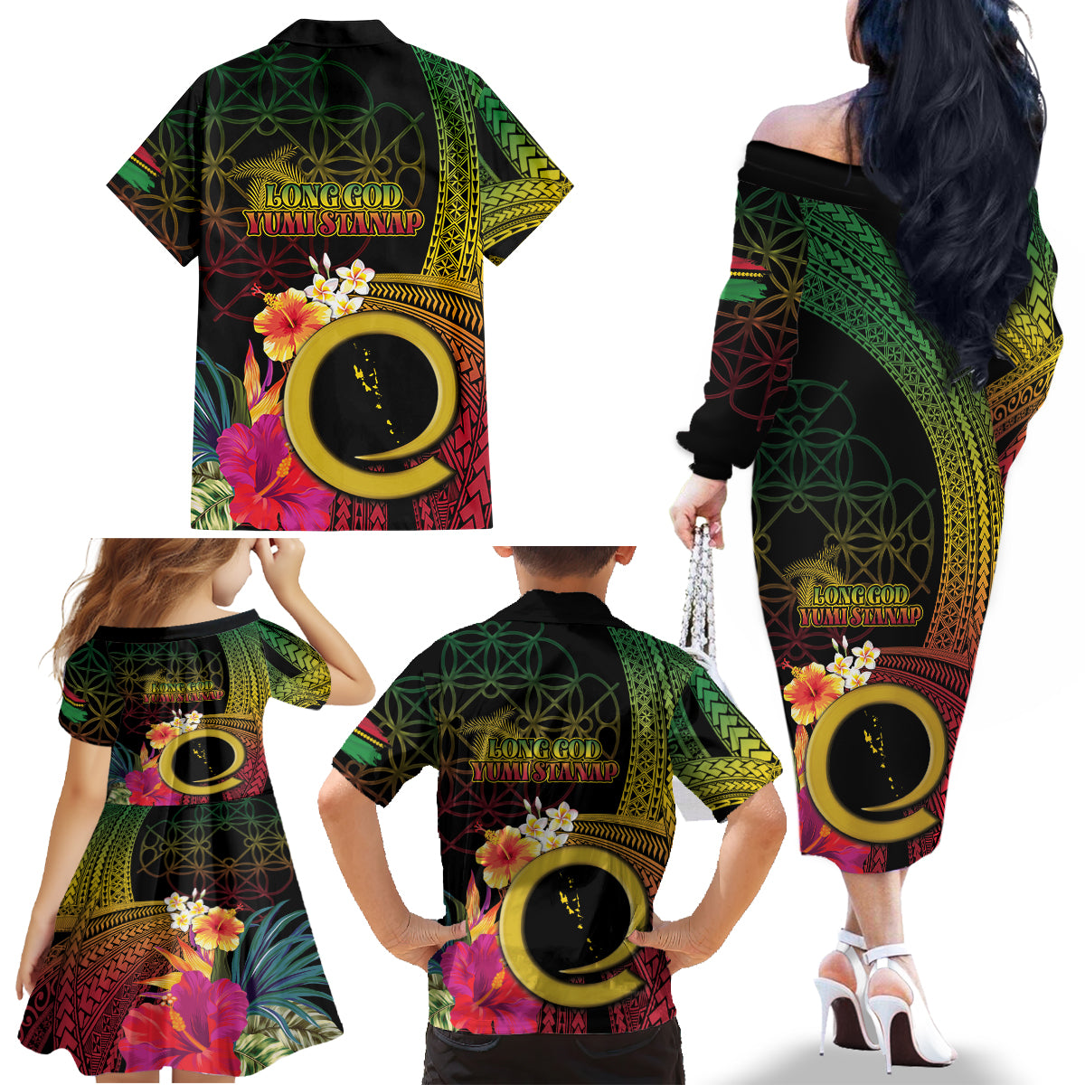 Vanuatu Independence Day Family Matching Off The Shoulder Long Sleeve Dress and Hawaiian Shirt Sand Drawing Melanesian Vibes LT03 - Polynesian Pride