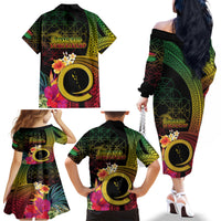 Vanuatu Independence Day Family Matching Off The Shoulder Long Sleeve Dress and Hawaiian Shirt Sand Drawing Melanesian Vibes LT03 - Polynesian Pride